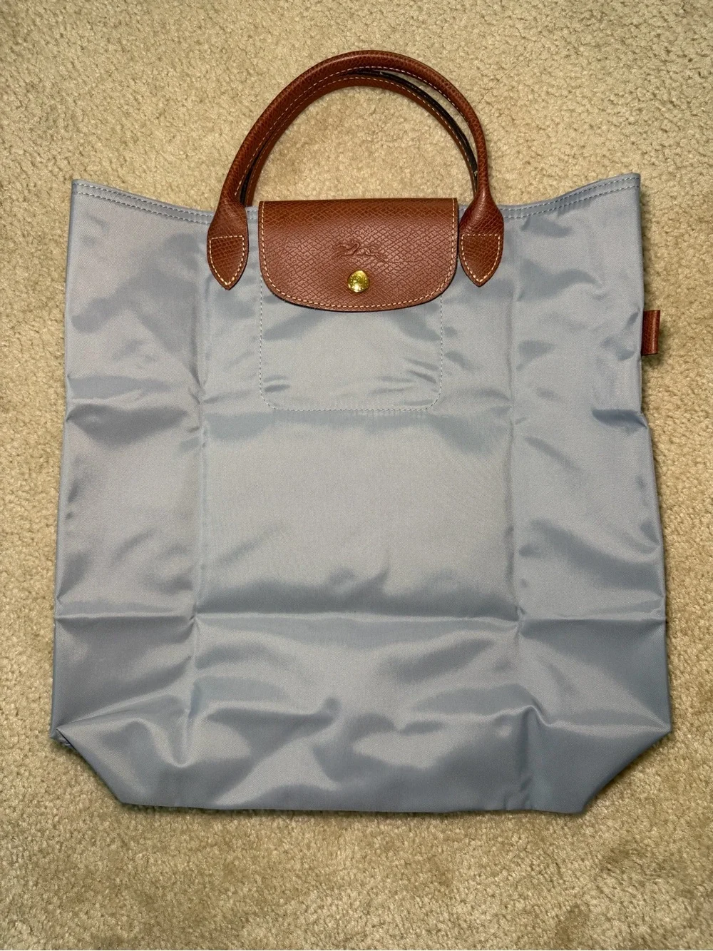 Longchamp Le Pliage Women's Tote Bag in Light Blue with Brown Trim - Picture 1 of 12